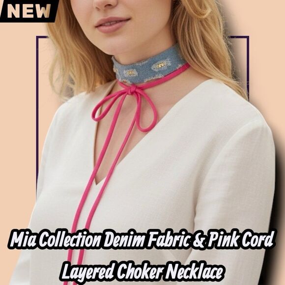 MIA Jewelry - New Mia Collection Denim Fabric & Pink Cord Layered Choker Necklace Gold Tone Ad